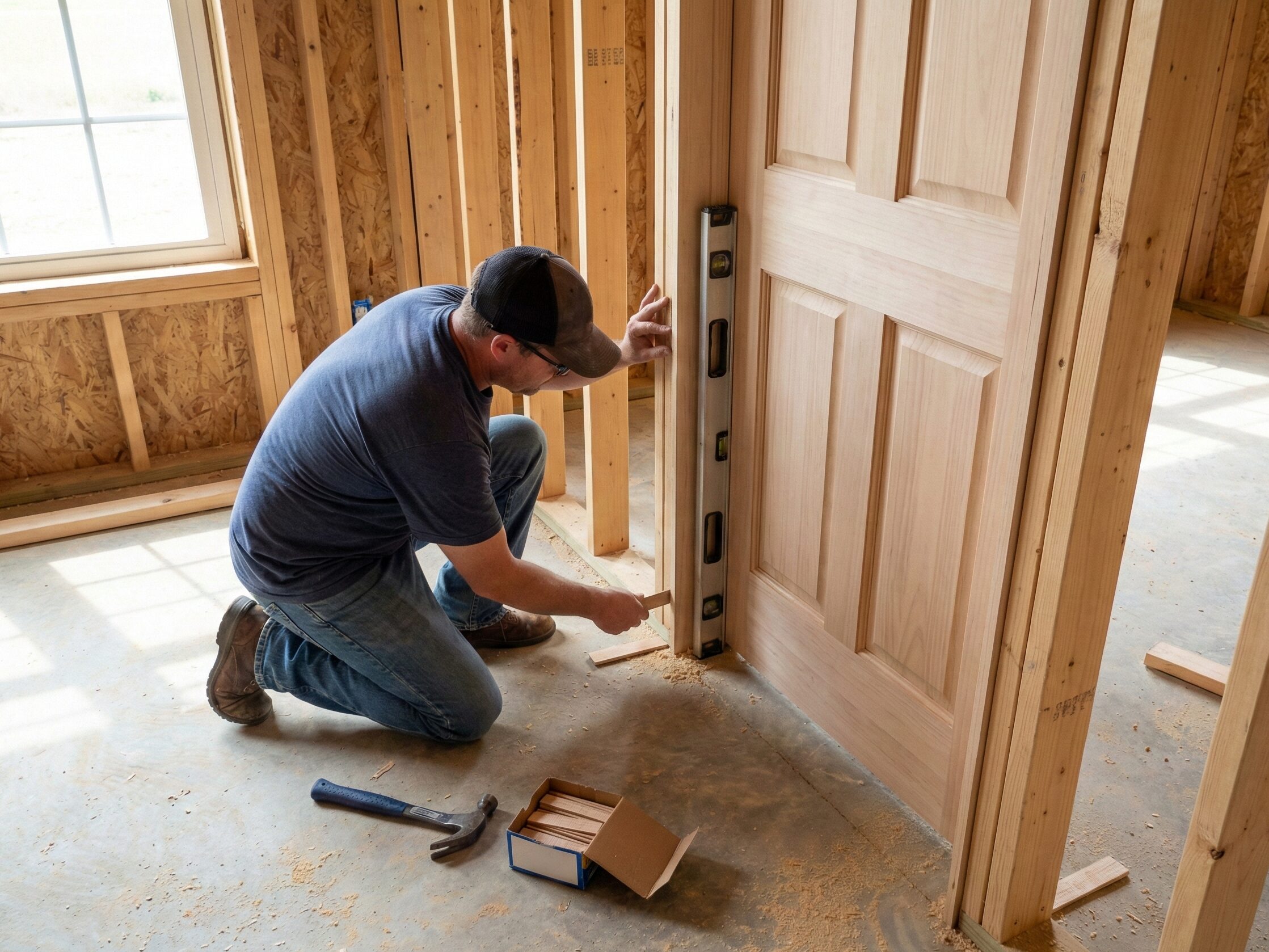 Carpenter installing an interior door