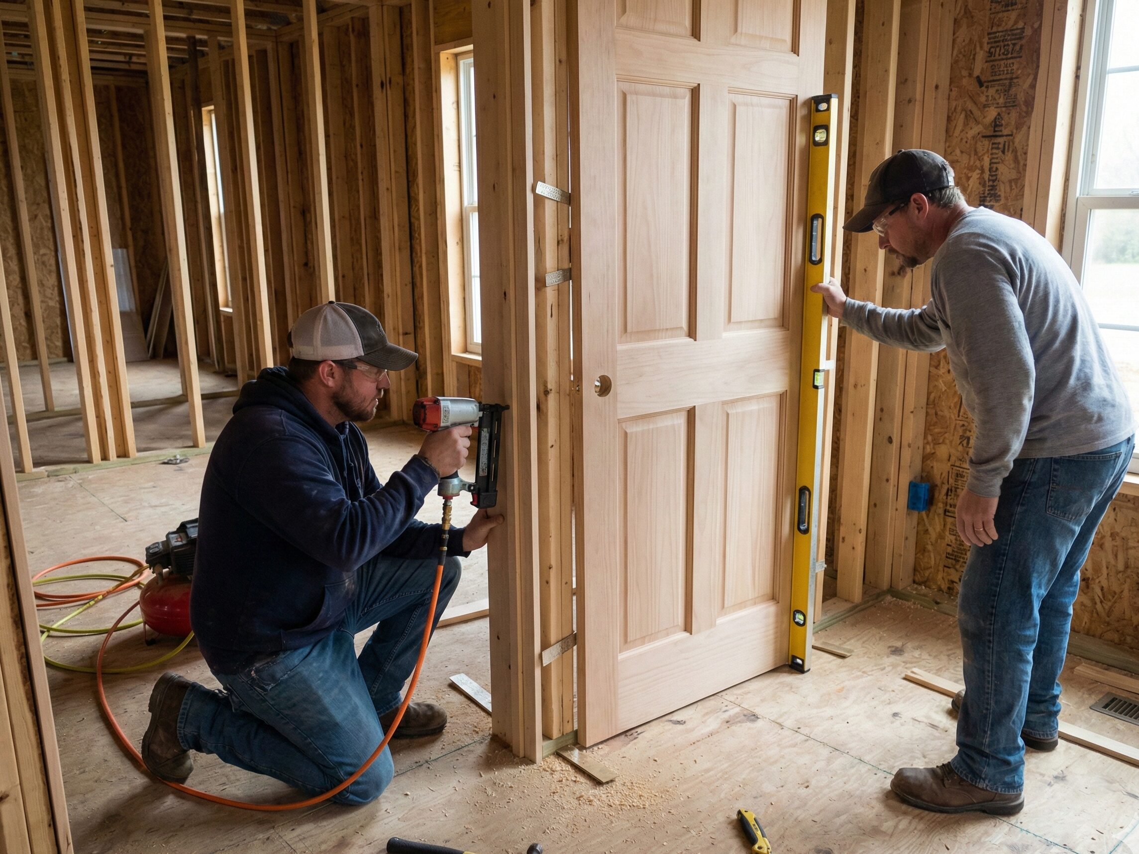 Carpenters installing an interior wood door with a nail gun