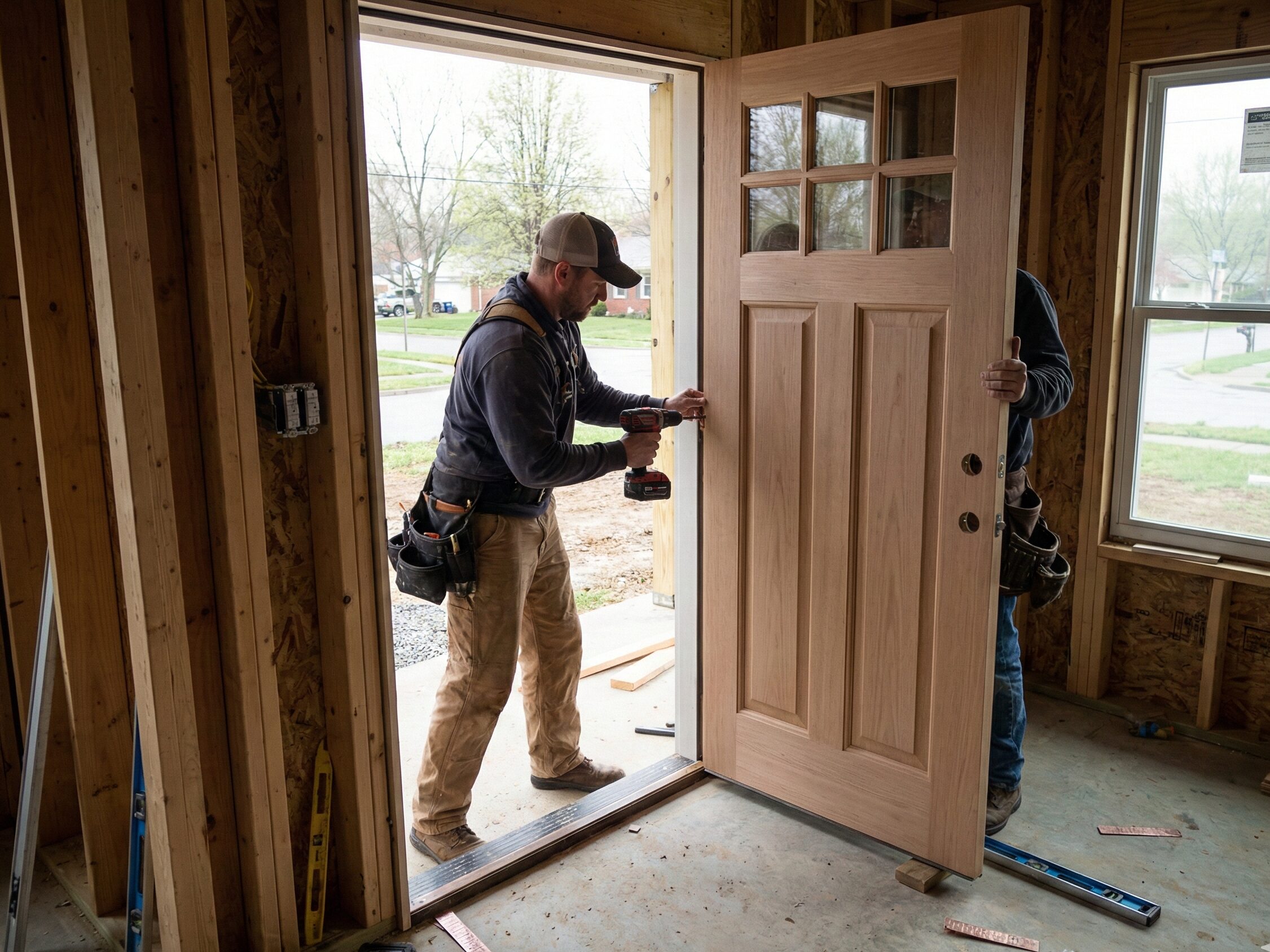 Carpenters installing exterior door