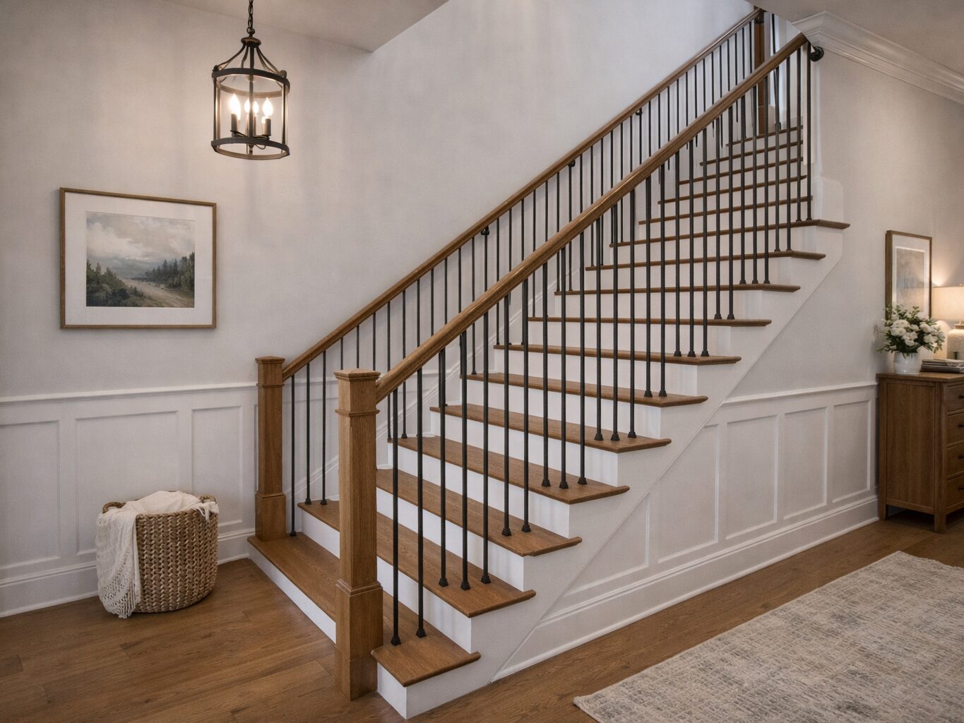 Elegant staircase with natural wood details