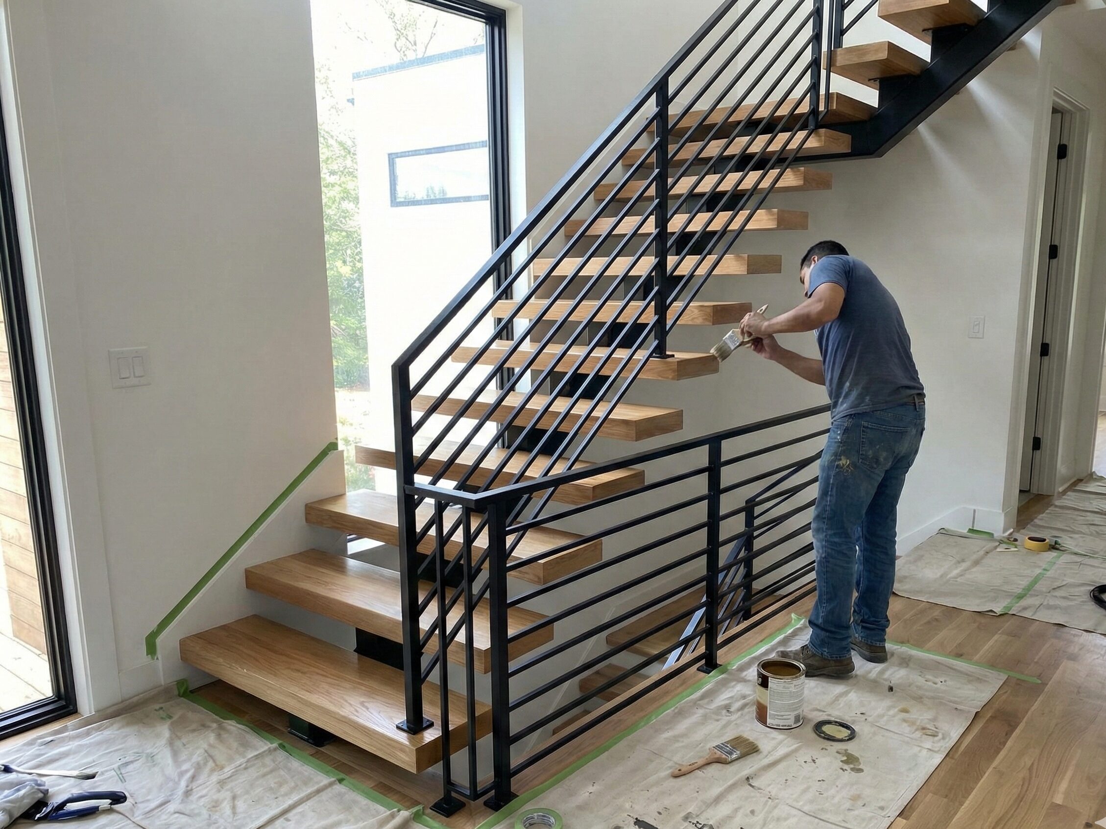 Modern floating staircase with custom staining