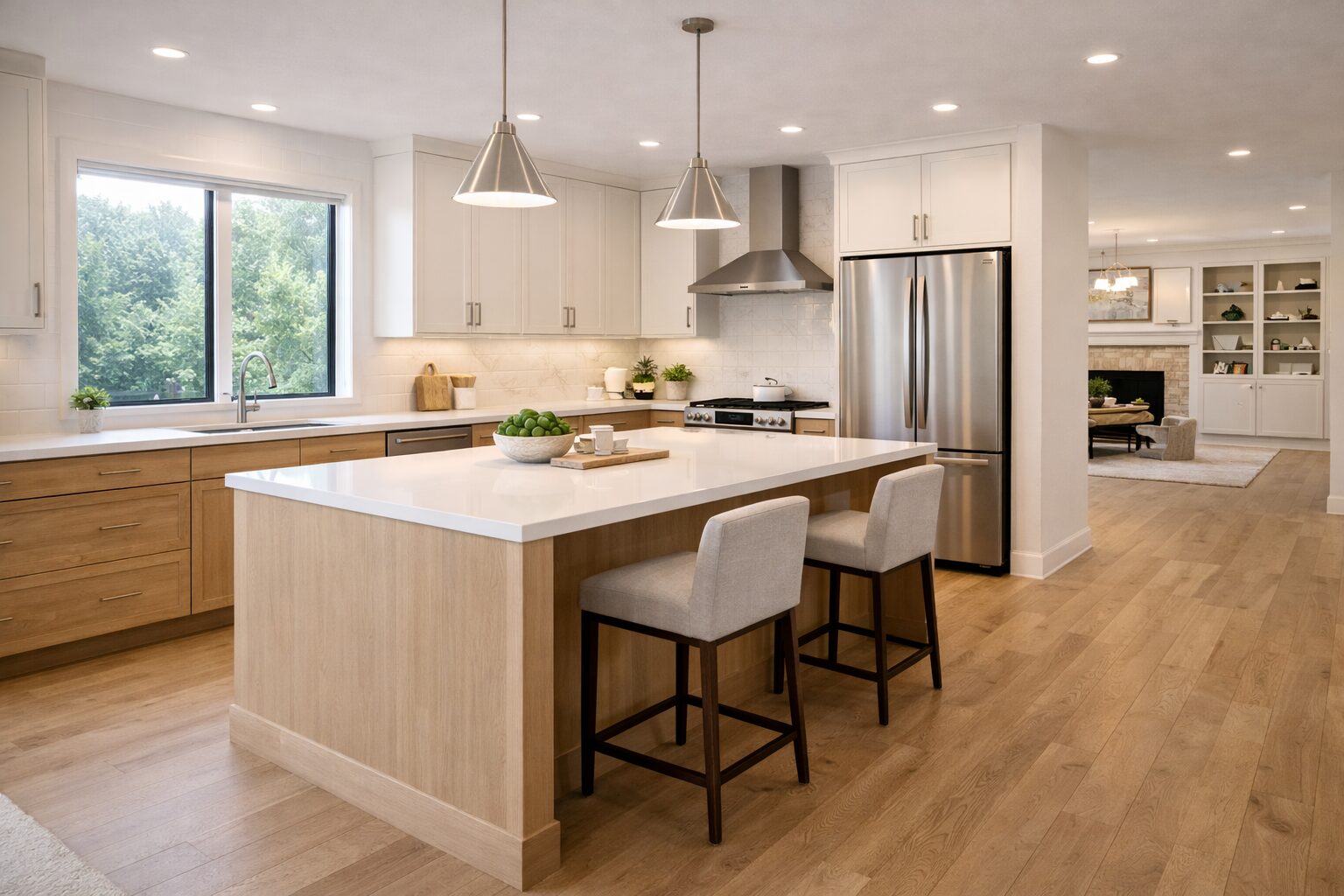 Modern kitchen with open living area