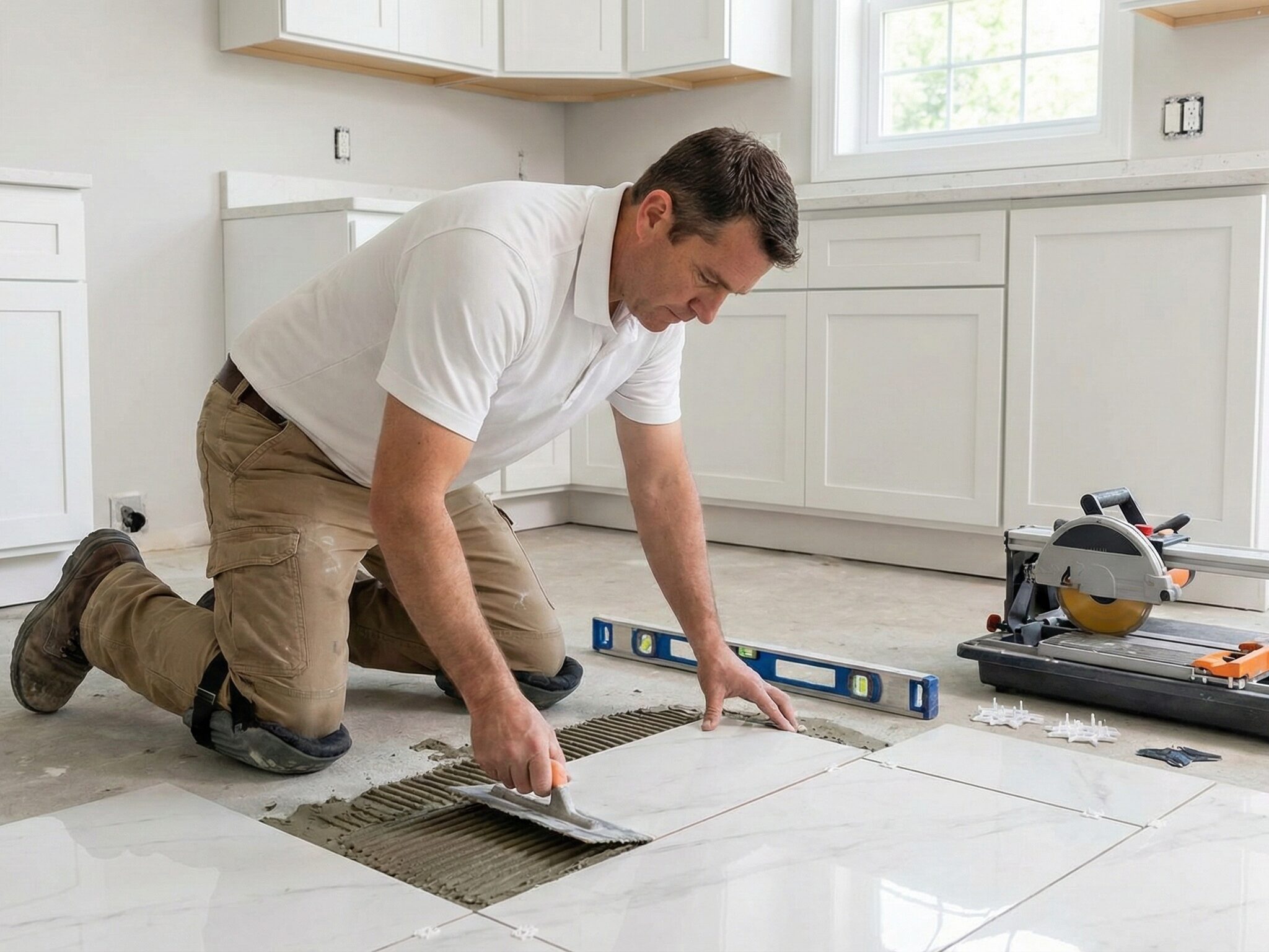 Installer laying large format porcelain tiles in a kitchen