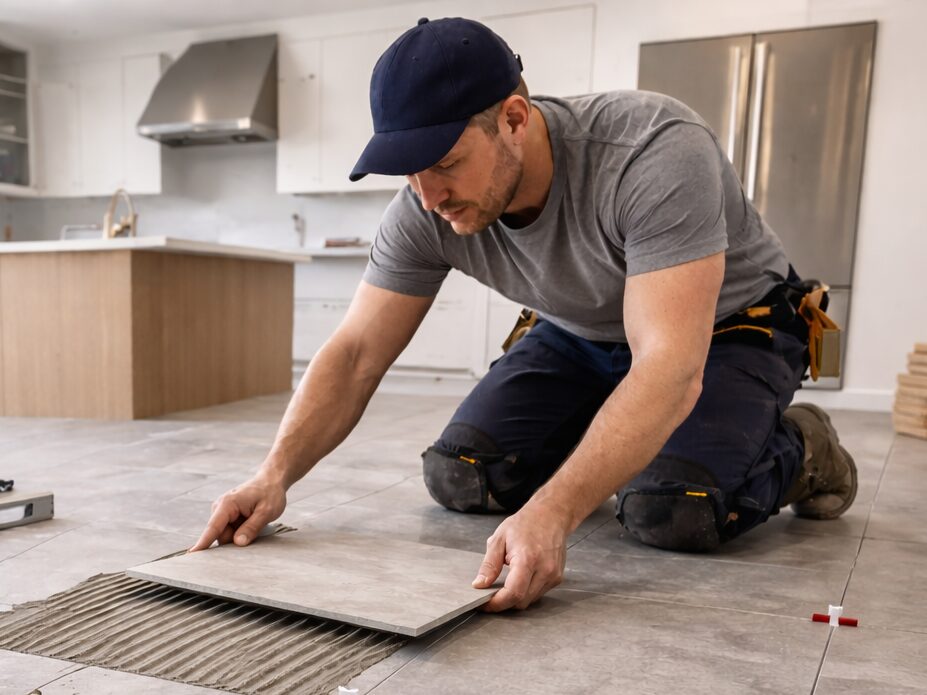 Tile installation in progress